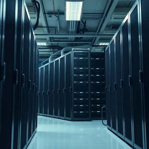 Modern server racks in a data center, symbolizing digital technology and data processing infrastructure.