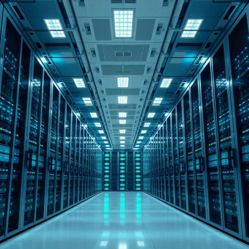 Rows of server racks extend into the distance inside a modern, clean data center with cool lighting.