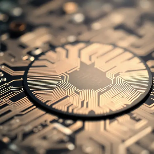 Highly detailed view of a silicon wafer with complex integrated circuits