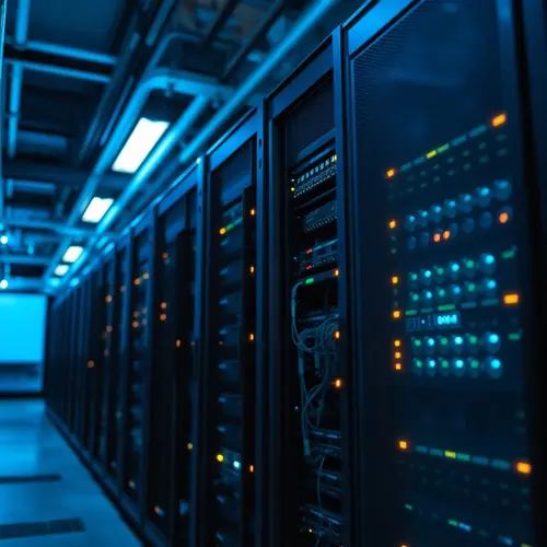 A server rack with hardware components and blinking lights in a data center.