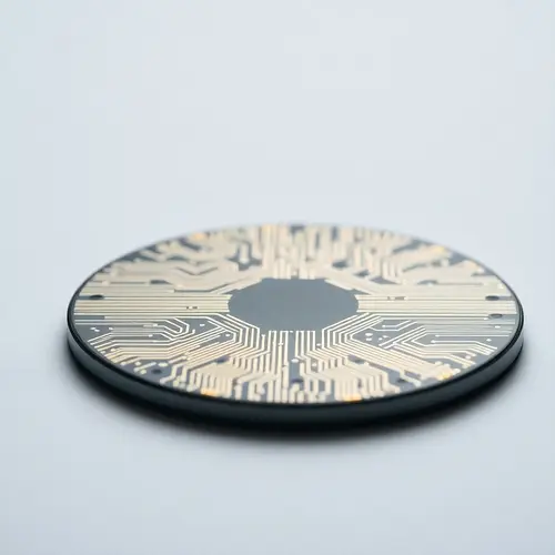 A close-up view of a modern semiconductor wafer, showcasing intricate circuit patterns and microprocessors.
