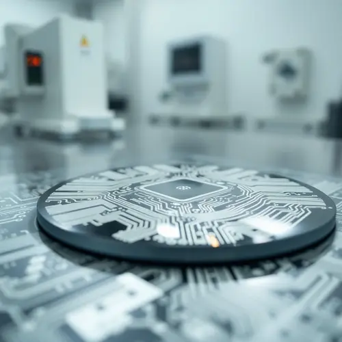 Close-up of a silicon semiconductor wafer with intricate circuit patterns in a cleanroom.