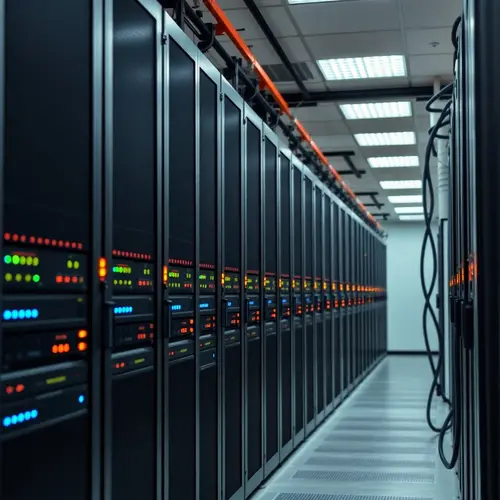Rows of modern server racks with illuminated lights inside a vast, clean data center environment.