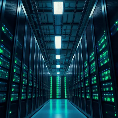 Interior view of a modern data center with rows of illuminated server racks, representing core computing infrastructure.