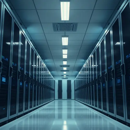 Rows of server racks in a modern data center aisle, illustrating technology infrastructure