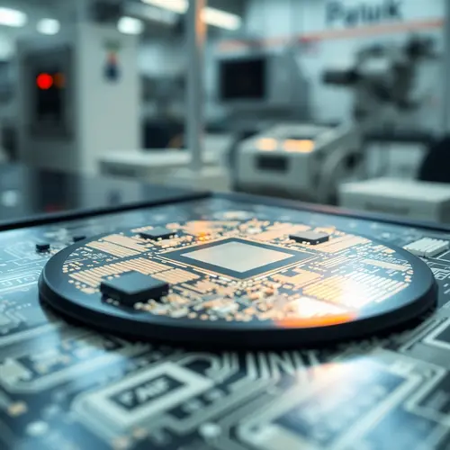 A close-up of a reflective silicon wafer with complex integrated circuits, manufactured in a cleanroom.