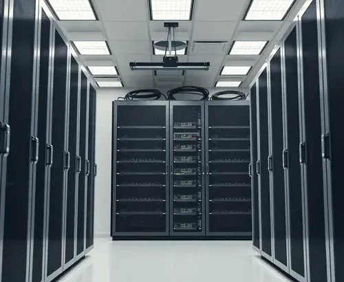 Server racks in a data center, representing modern technology infrastructure.