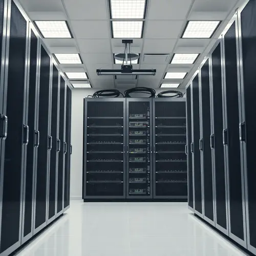 Server racks in a data center, representing modern technology infrastructure.