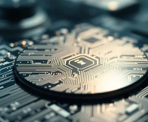 Close-up of a silicon semiconductor wafer with intricate etched circuitry.