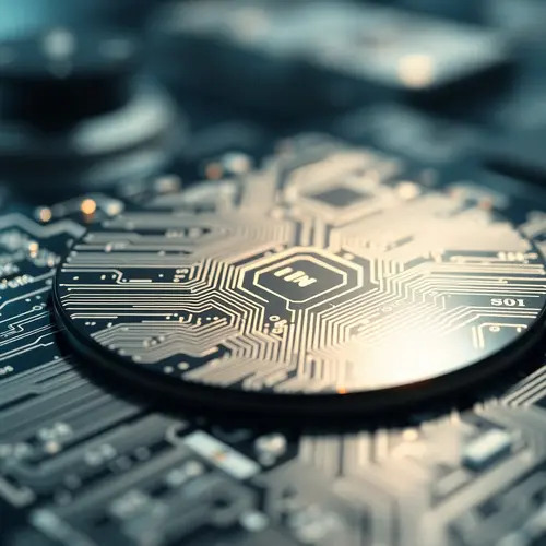 Close-up of a silicon semiconductor wafer with intricate etched circuitry.