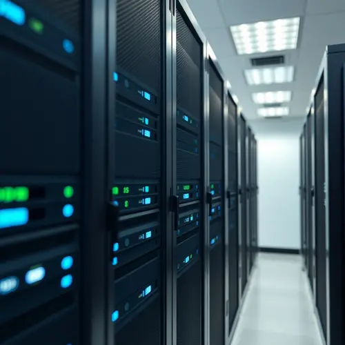 Server racks in a data center with indicator lights, representing modern technological infrastructure.