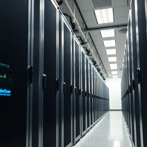 A detailed view of server racks filled with blinking lights in a modern data center.