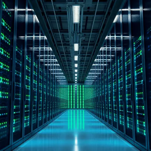 Rows of illuminated server racks in a contemporary data center environment.