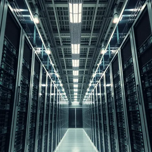 Interior view of a modern data center with rows of server racks and cables, highlighting technology infrastructure.