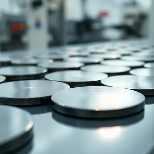 Close-up of highly polished silicon wafers arranged in a clean, brightly lit laboratory setting.