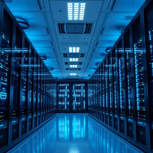 Rows of servers with blinking lights in a modern data center, showcasing technology infrastructure.
