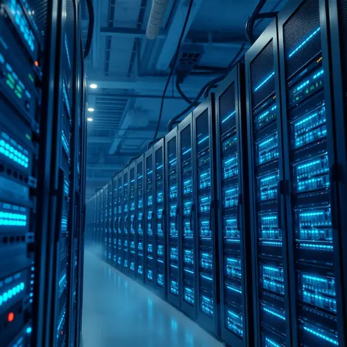 Image showing rows of server racks with blinking lights in a cool, modern data center.