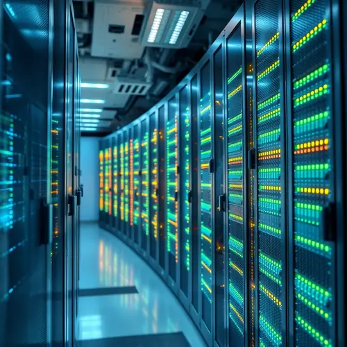 A detailed view of a modern server rack inside a data center with indicator lights.