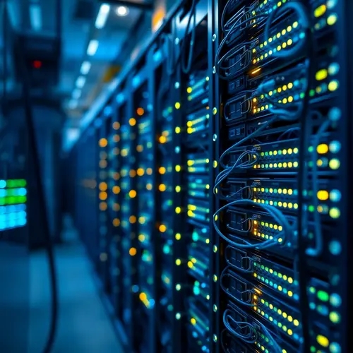 Detailed view of server racks and network cabling inside a modern, well-lit data center.
