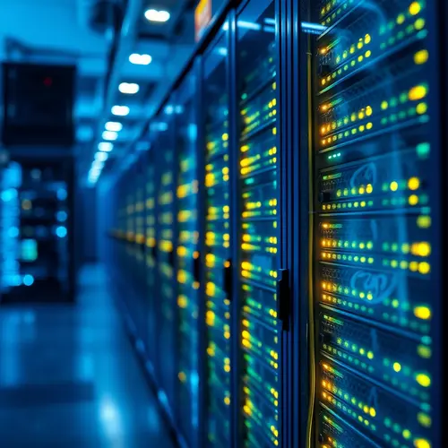 A close-up view of multiple server racks with blinking indicator lights in a large, modern data center environment.