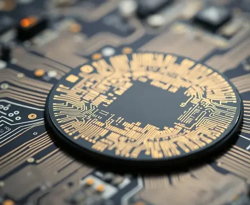 A detailed close-up shot of a silicon wafer displaying complex integrated circuit patterns.