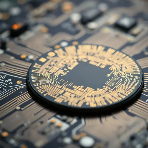 A detailed close-up shot of a silicon wafer displaying complex integrated circuit patterns.