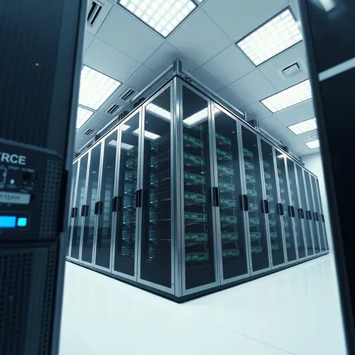 A modern data center with rows of server racks and blinking indicator lights in a pristine, brightly lit room.