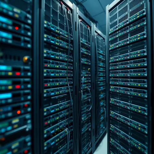 Rows of server racks filled with blinking lights in a state-of-the-art data center.