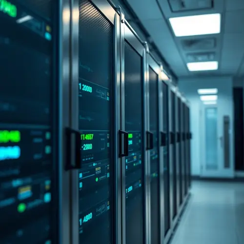 Rows of black server racks with blinking lights in a professional data center.