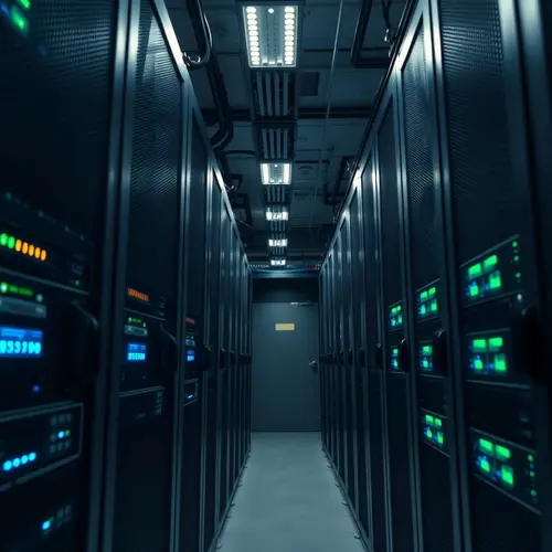 Modern server racks with blinking indicator lights in a secure, industrial data center environment.