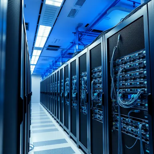 Rows of gleaming server racks inside a large, modern data center, illustrating computing infrastructure.