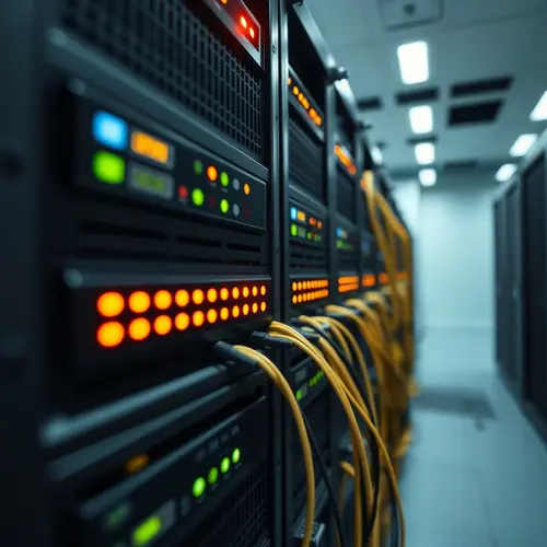 A detailed photograph of a server rack with visible hardware and cables in a data center.