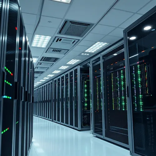 Rows of server racks with active indicator lights inside a modern data center.