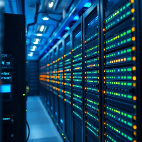 Server racks with blinking lights inside a modern data center.