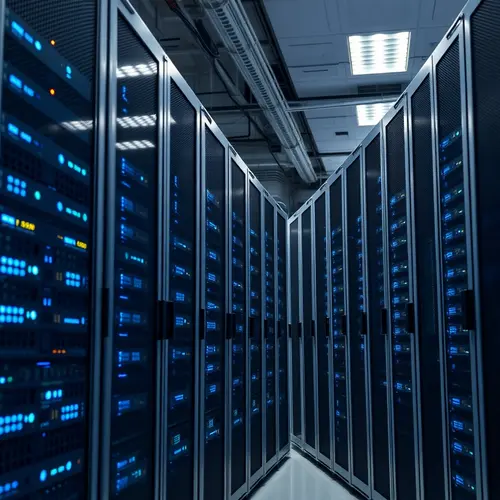 A detailed image of multiple server racks with blinking indicator lights in a large, modern data center.