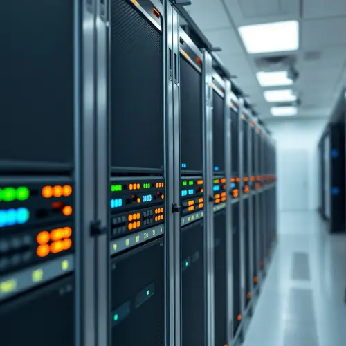 Detailed view of modern server racks with indicator lights in a data center.