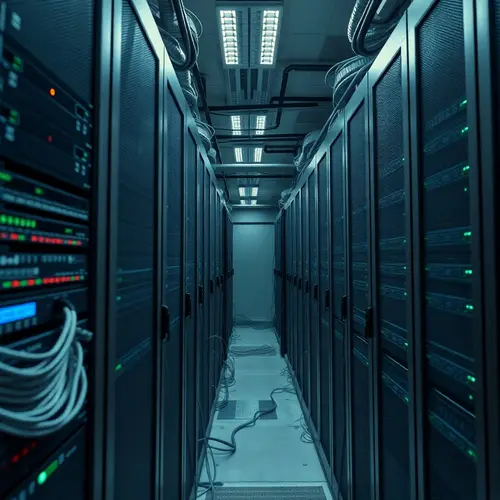 Rows of server racks and equipment in a large data center.