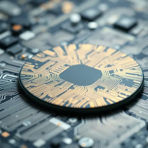 Close-up image of a silicon semiconductor wafer with detailed circuit patterns, reflecting cleanroom lights.