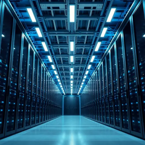 Rows of server racks inside a modern data center with cool blue lighting.
