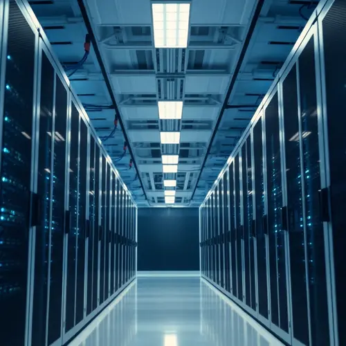 Image of a modern data center interior with server racks and operational lights.
