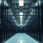 Rows of computer servers within a secure data center facility.