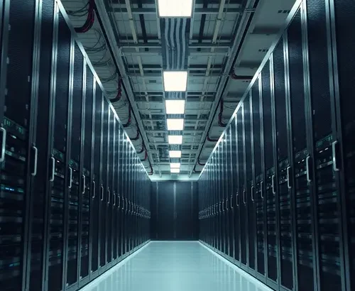 Rows of computer servers within a secure data center facility.
