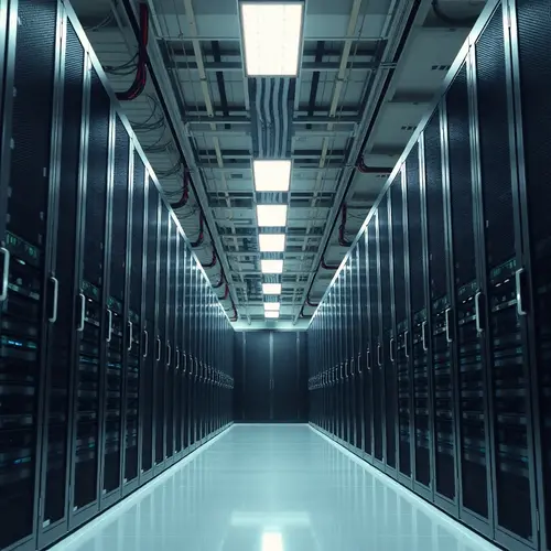 Rows of computer servers within a secure data center facility.