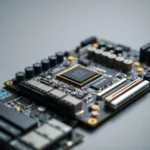 Close-up of a server motherboard with visible microchips and intricate circuitry.