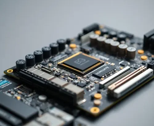 Close-up of a server motherboard with visible microchips and intricate circuitry.
