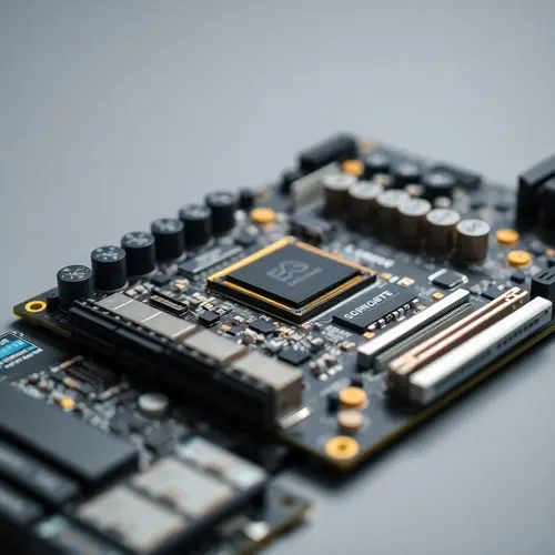 Close-up of a server motherboard with visible microchips and intricate circuitry.