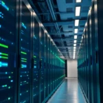 A long aisle of modern server racks with glowing blue and green indicator lights inside a secure, high-tech data center.