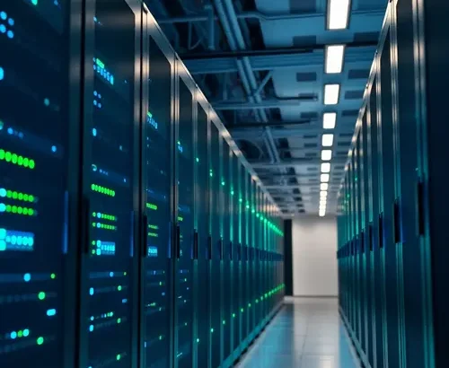 A long aisle of modern server racks with glowing blue and green indicator lights inside a secure, high-tech data center.