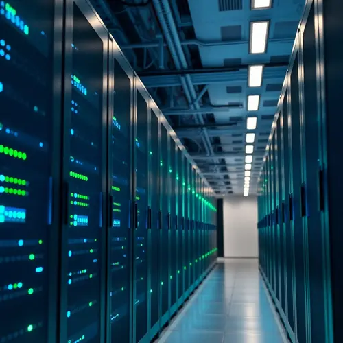 A long aisle of modern server racks with glowing blue and green indicator lights inside a secure, high-tech data center.