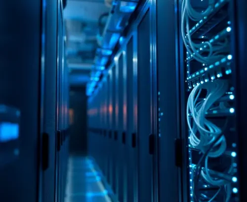 Detailed view of server racks within a modern data center environment.